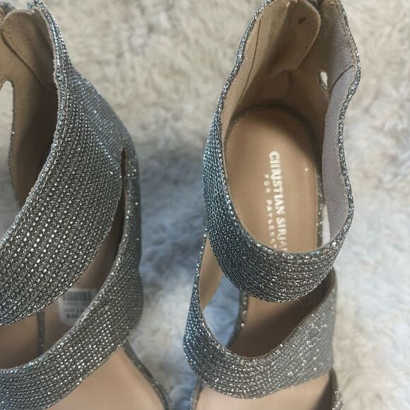 Christian Siriano Silver Shimmer strappy 3.5" Heels Open Toe Ankle Strap SZ12 - Picture 8 of 9